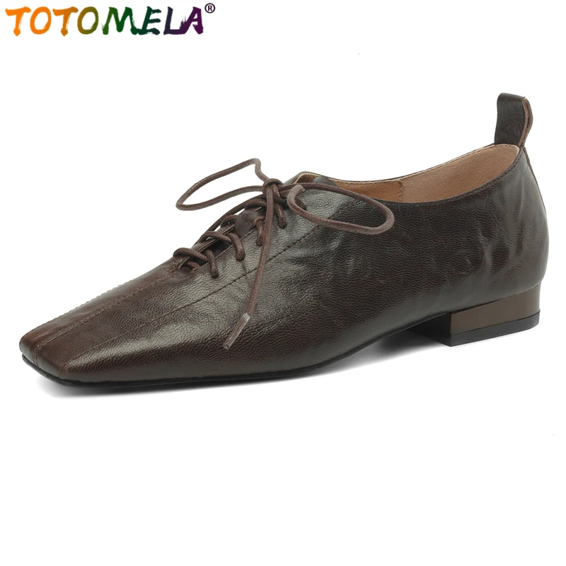 

TOTOMELA 2024 New Genuine Leather Shoes Lace Up Low Heels Square Toe Office Dress Shoes Black Brown Ladies Shoes