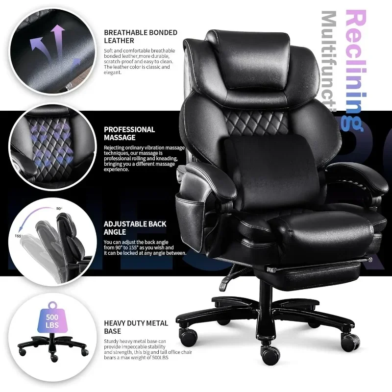 ขนาดใหญ่และสูง Office เก้าอี้ 500lbs 3D Rolling นวด Lumbar Cushion Executive Office เก้าอี้สูงกลับ Reclining Office เก้าอี้