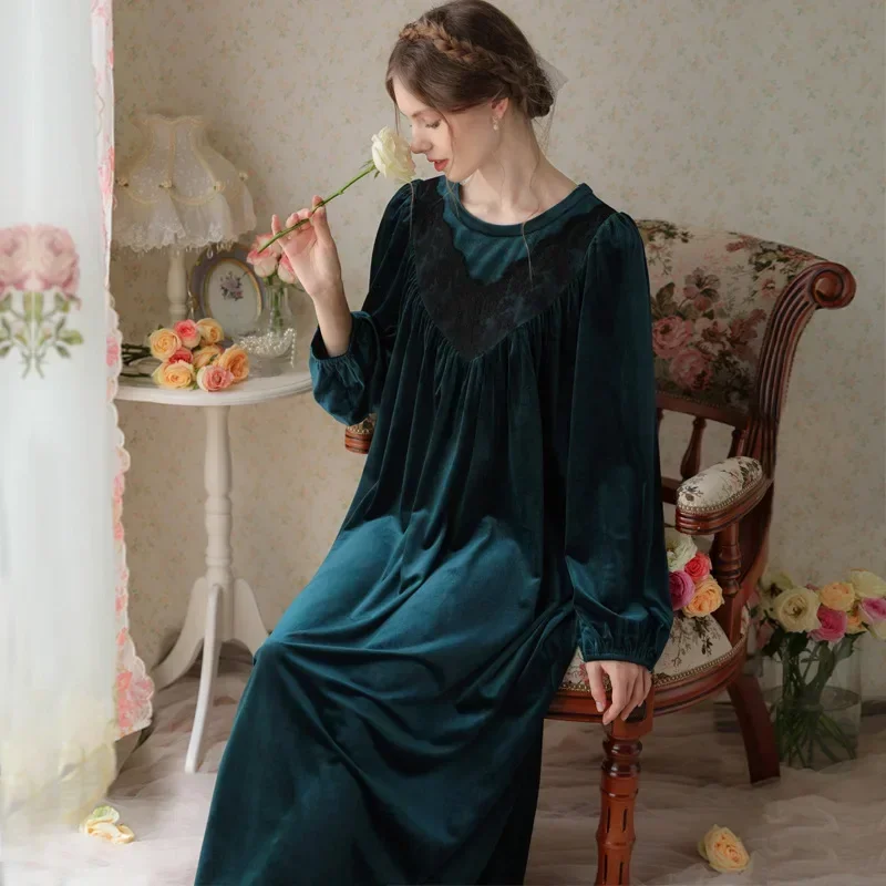 Victorian Nightgown Sleepwear Women Autumn Winter Warm Thick Pleuche Velour Robe Long Nightwear Vintage Velvet Loose Night Dress