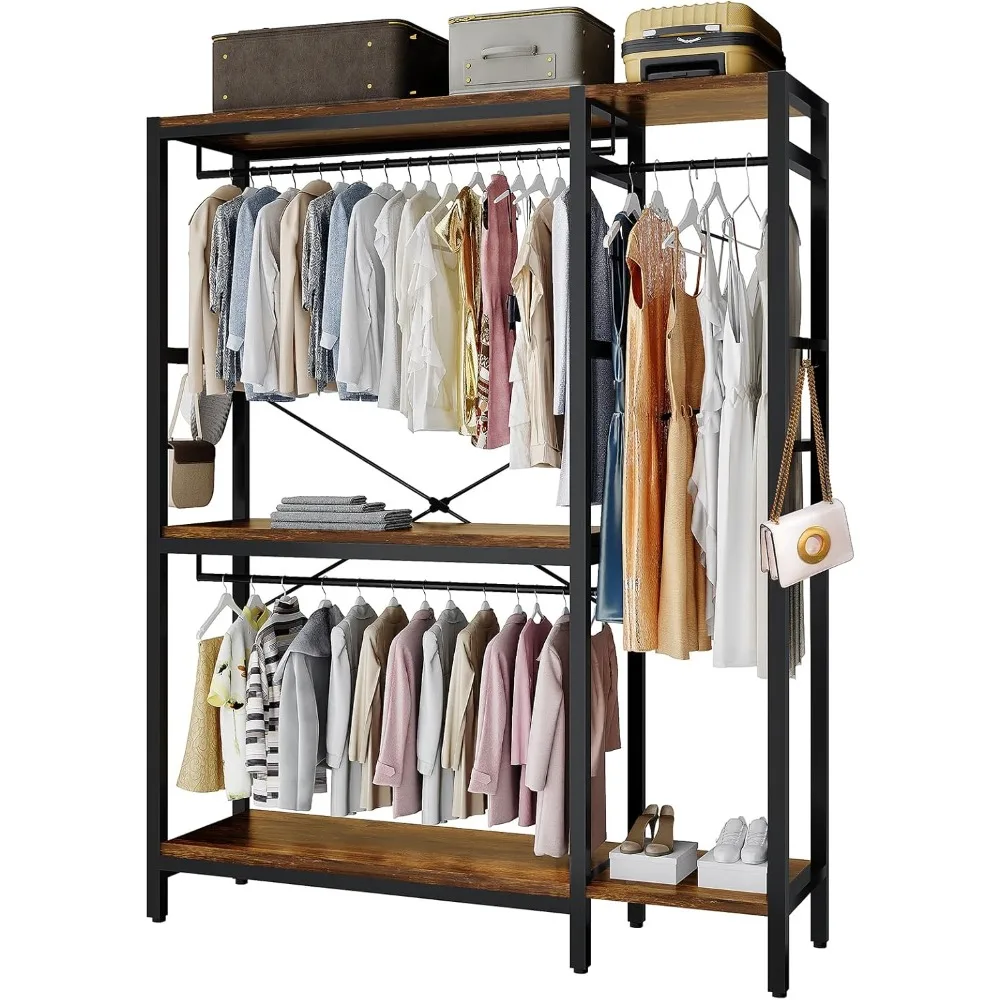 

Heavy Duty Garment Rack for Clothes Clothing Racks With Shelves and 4 Side Hooks Freestanding Metal Wooden Closet Organizer Room