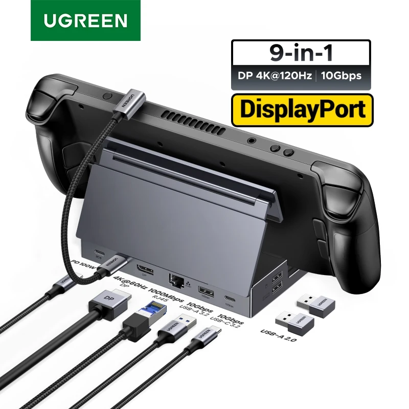 

Док-станция UGREEN Steam Deck 10 Гбит/с USB-C до 4K120 Гц DisplayPort Gigabit RJ45 PD100W TF/SD для ПК iPad Rog Ally/X Legion Go