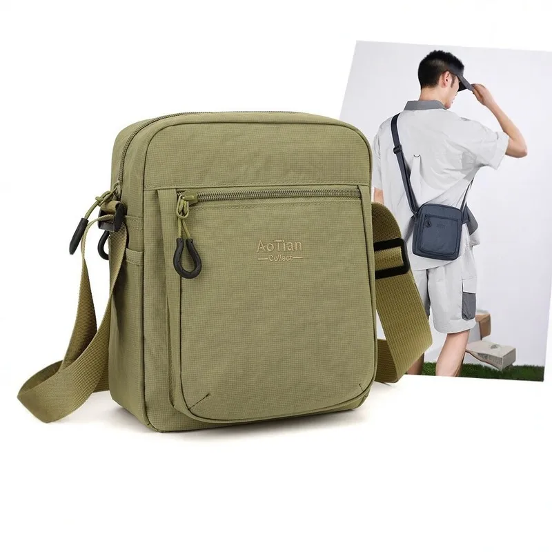 Men Army Green Oxford Cloth Crossbody Bag with Wide Strap Lightweight Waterproof Casual Shoulder Bag for Daily Travel SAC