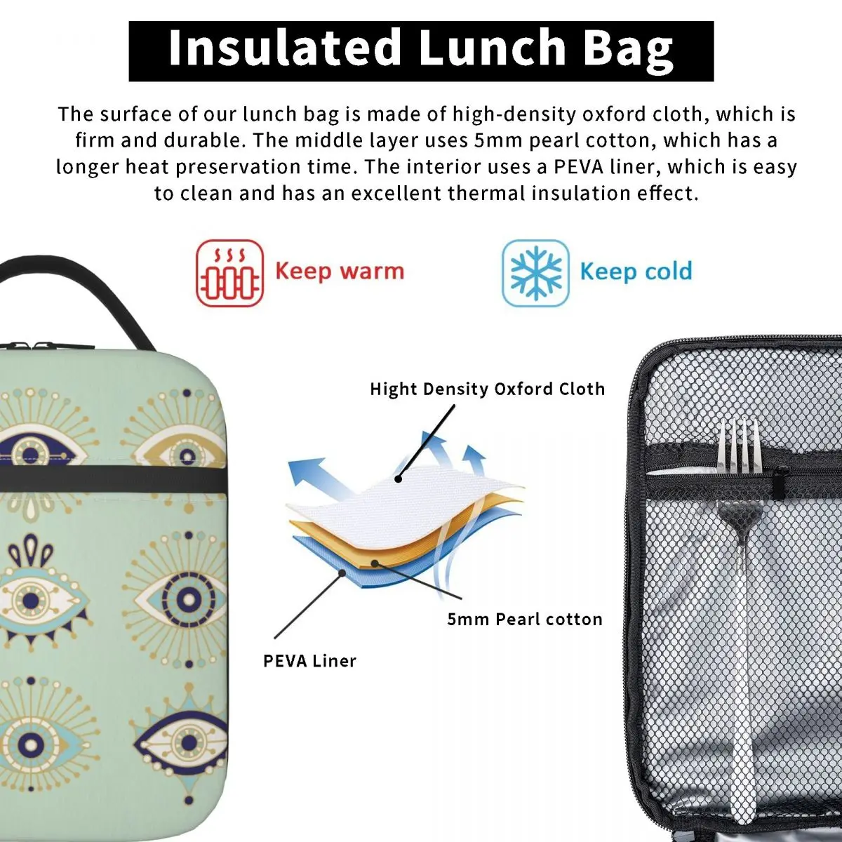 Evil Eye Collection Insulated Lunch Tote Bag for Women Mediterranean Hamsa Lucky Charm Portable Cooler Thermal Bento Box School