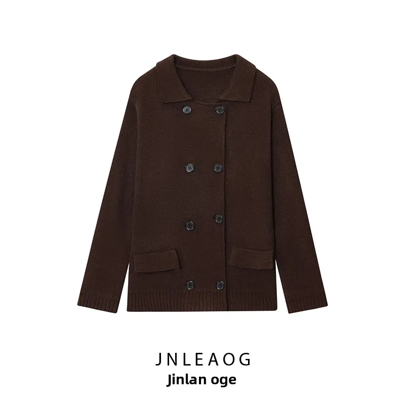 

JNLEAOG женский вязаный двубортный свитер с открытым передом и воротником, осенний новый свободный крой, длинный свек, полиэфирное волокно