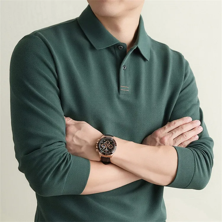 100% Mercerisierte Baumwolle Einfarbiges Business-Casual-Oberteil Herren Old Money Style Langarm-Poloshirt – Detail 24