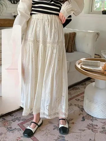 여성용 레트로 대형 바지, 얇은 작업복, 와이드 레그 바지, 한국 버전, 심플 캐주얼, 다목적 바지, 트렌디, 신상 패션 20 빈티지 반스커트 고급 A라인 하이웨이스트 폴리에스터 중간 길이 빈티지 A라인 레이스 아담한 화이트 반스커트 스커트 반스커트