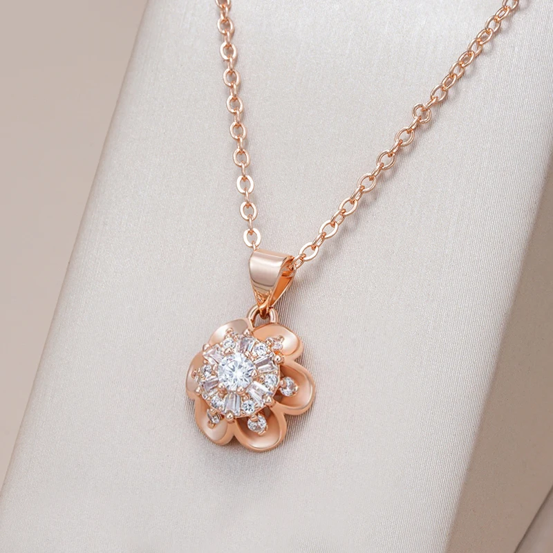 Kinel Hot 585 Rose Gold Color Crystal Flower Pendant Necklace For Women Natural Zircon Accessories Creative Daily Fine Jewelry