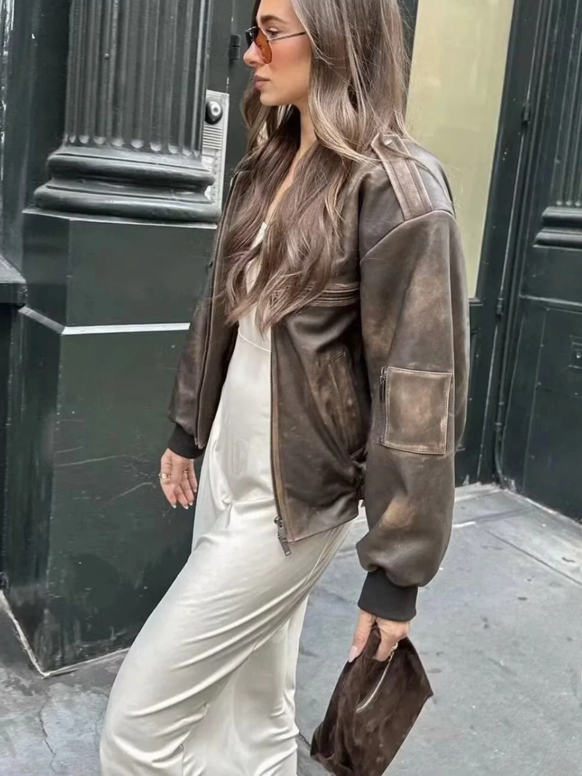 Retro-Jaset-Mantel aus braunem, verblasstem Leder, lockerer, lässiger amerikanischer Sle ort-Mantel für trendige Mädchen, gerader Schnitt, Street Sle Winter Out...