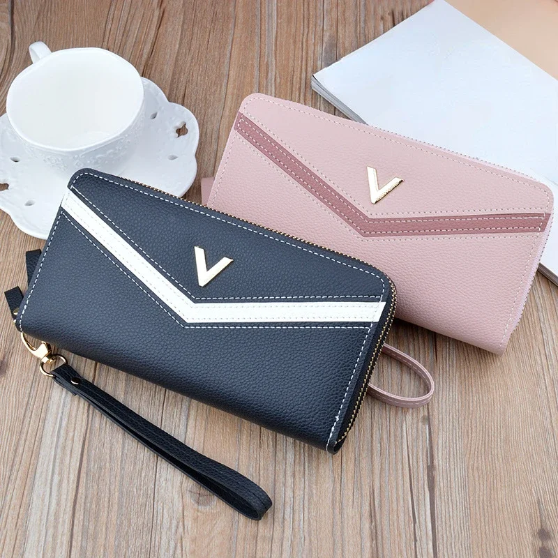 Double Zipper Clutch Long Wallet, Fashion Color Contrast Coin Purse, Mobile Phone Bag With Card Slots