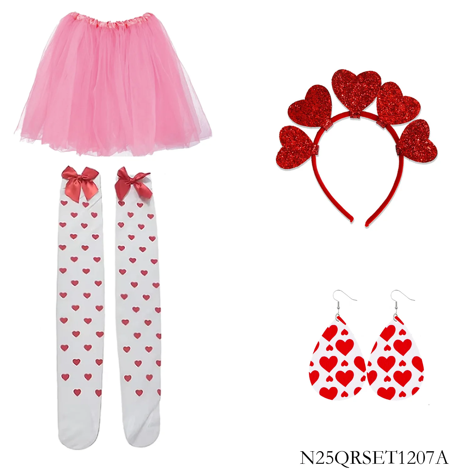 PESENAR Conjunto de fantasia de coração rosa e vermelho para dia dos namorados, saia tutu, faixa de cabeça, meias, brincos, acessório