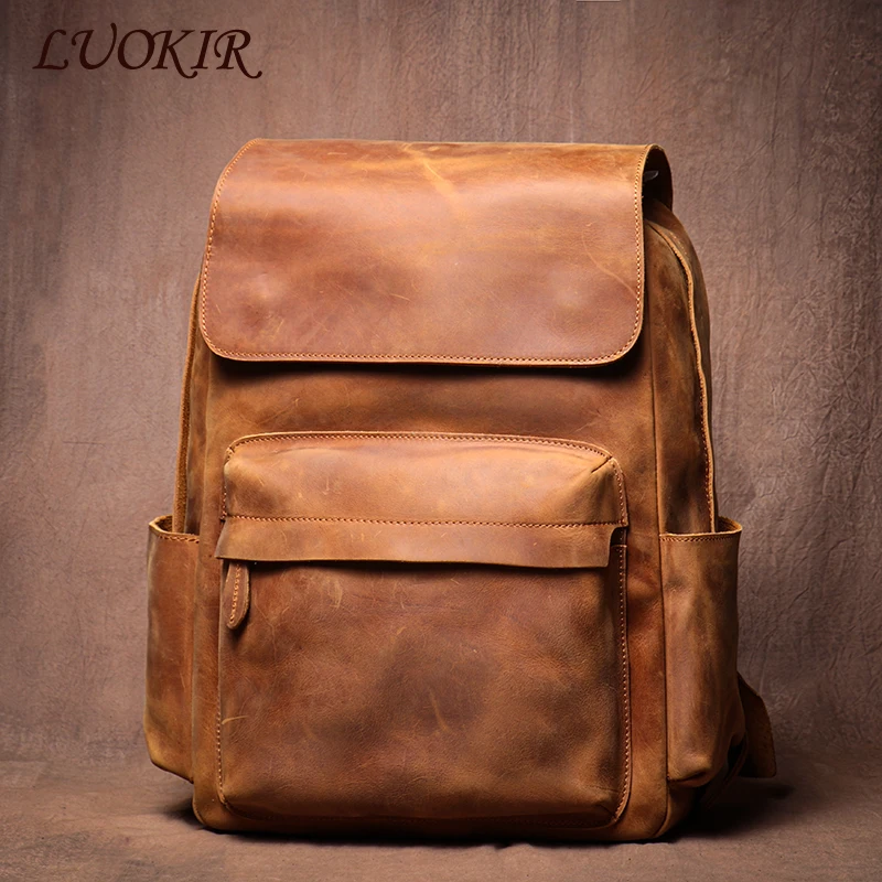 

LUOKIR High Quality Genuine Leather Backpack Vintage Crazy Horse Cowhide Luxury School Bag Computer Knapsack For 15 Inch Laptop