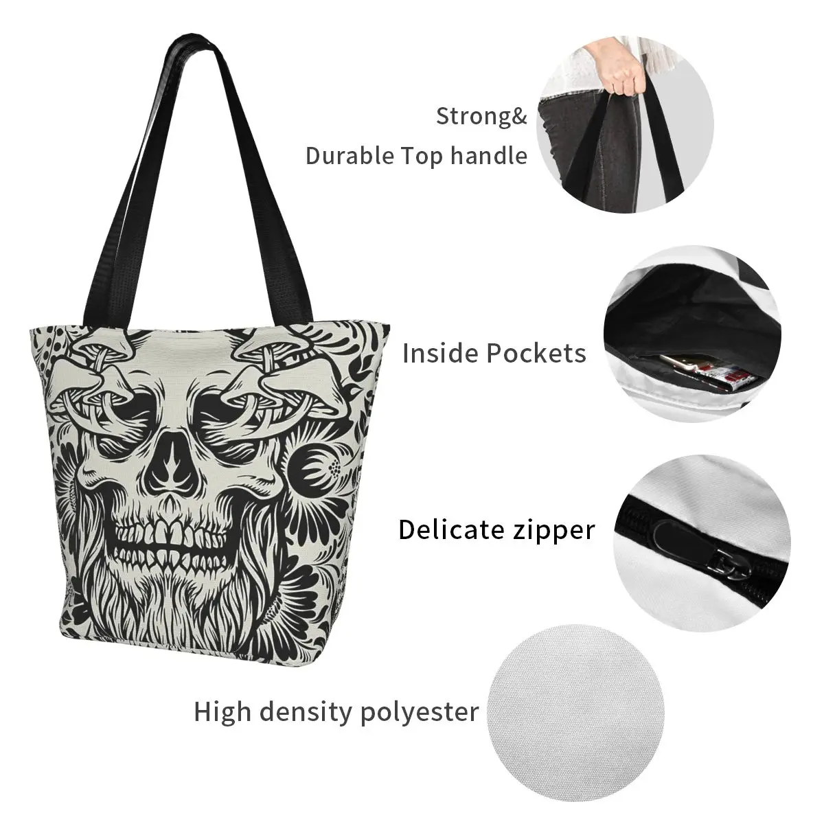 Skull Mushrooms  Gray & Black Goth Polyester outdoor girl handbag, woman shopping bag, shoulder bag, canvas bag, gift bag