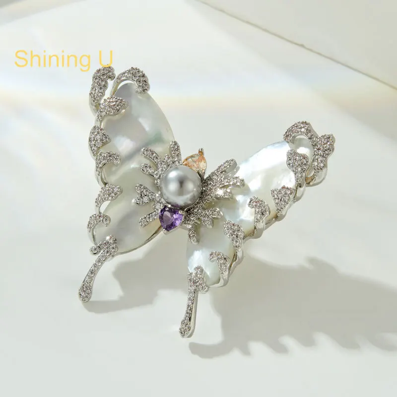 

Сияющая U-образная роскошная брошь-бабочка из натуральной ракушки для женщин, модный аксессуар, юбилей