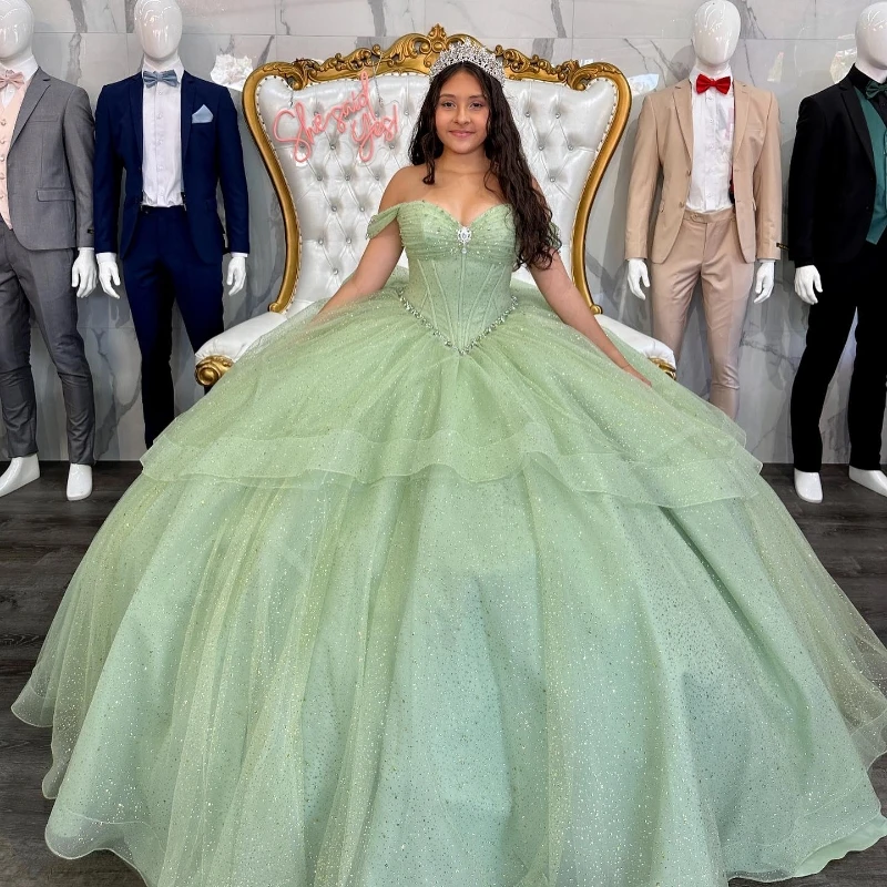 ANGELSBRIDEP فساتين Quinceanera باللون الأخضر الحكيم قبالة الكتف الترتر الخرز Vestido Debutante 15 Anos المكسيكي عقدة شعر للفتيات مخصصة