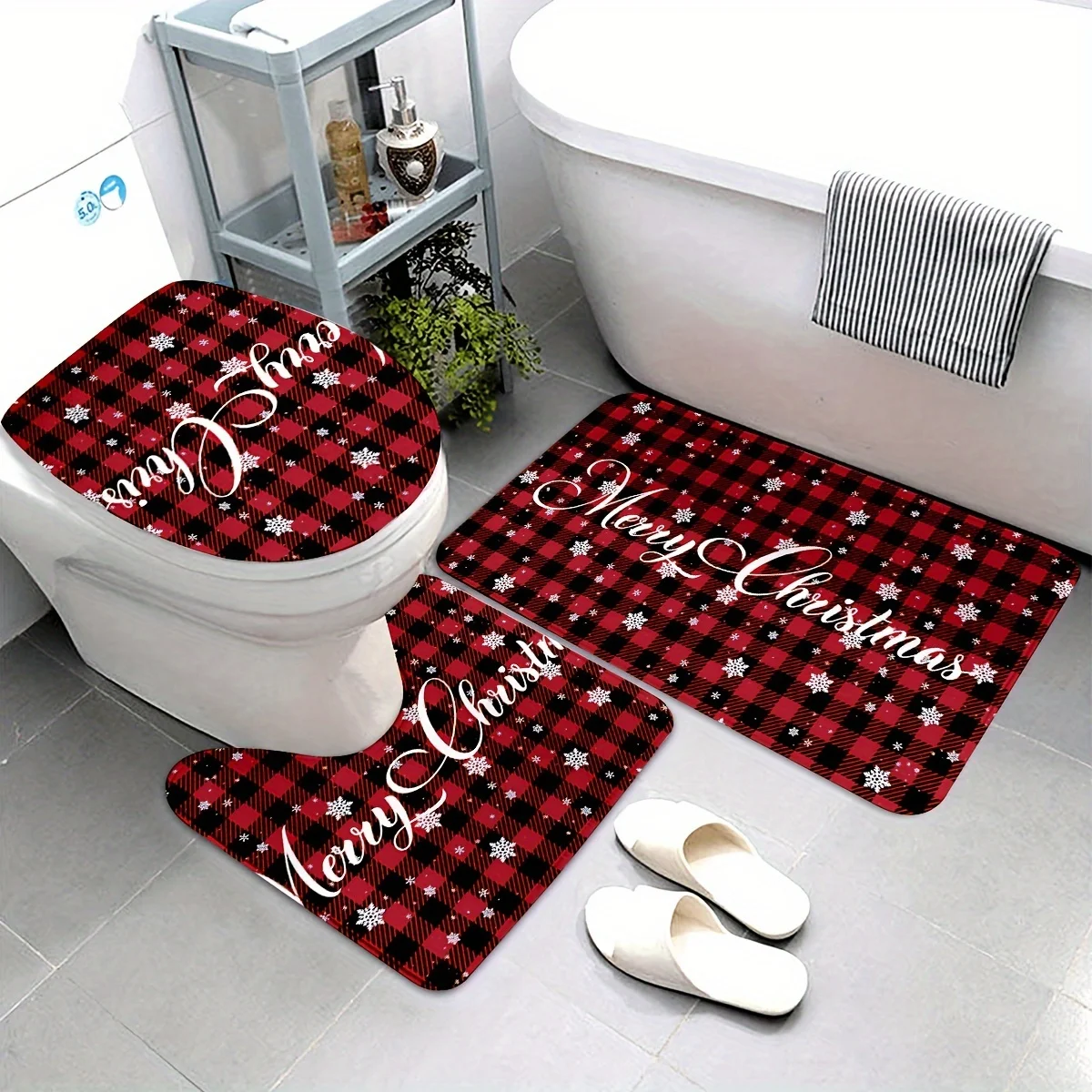 2D Flat Red Black Buffalo Plaid Christmas Bathroom Mat Set, 3pcs, Snowflake Merry Christmas Pattern, Home Decor for Bathroom