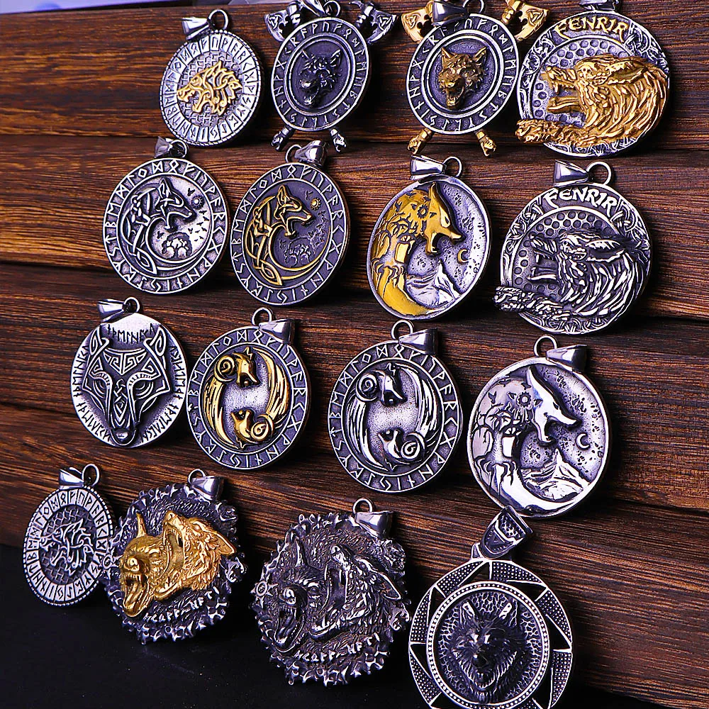 Vintage Viking Wolf Pendant Necklace Men Nordic Amulet Rune Stainless Steel Necklace Beaded Multi-style Charm Jewelry Wholesale