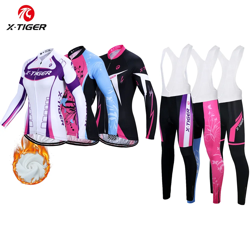 X-TIGER Women's Winter Cycling Jersey Set Long Sleeve Thermal Fleece Bike Uniform Colorful Bicycle Clothing for Female Cyclists