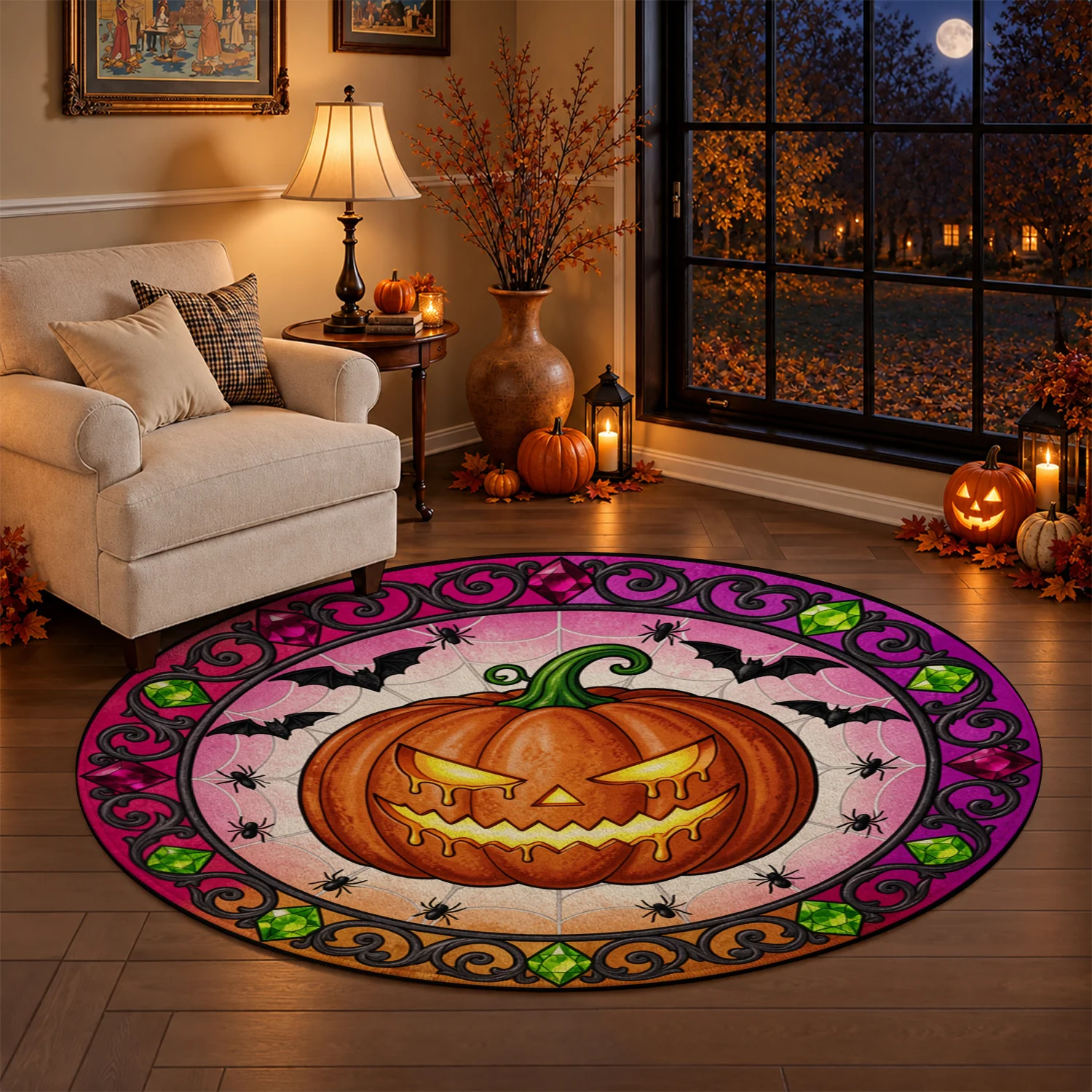 Spooky Halloween Jack-o'-lantern Bat Spider Pattern Velvet Round Rug, Machine Washable Soft Plush Area Rug for Living Room, Bedroom, Entryway, Dining Space, Ideal for Halloween, Thanksgiving, Christmas, New Year, Black Friday Home Decor