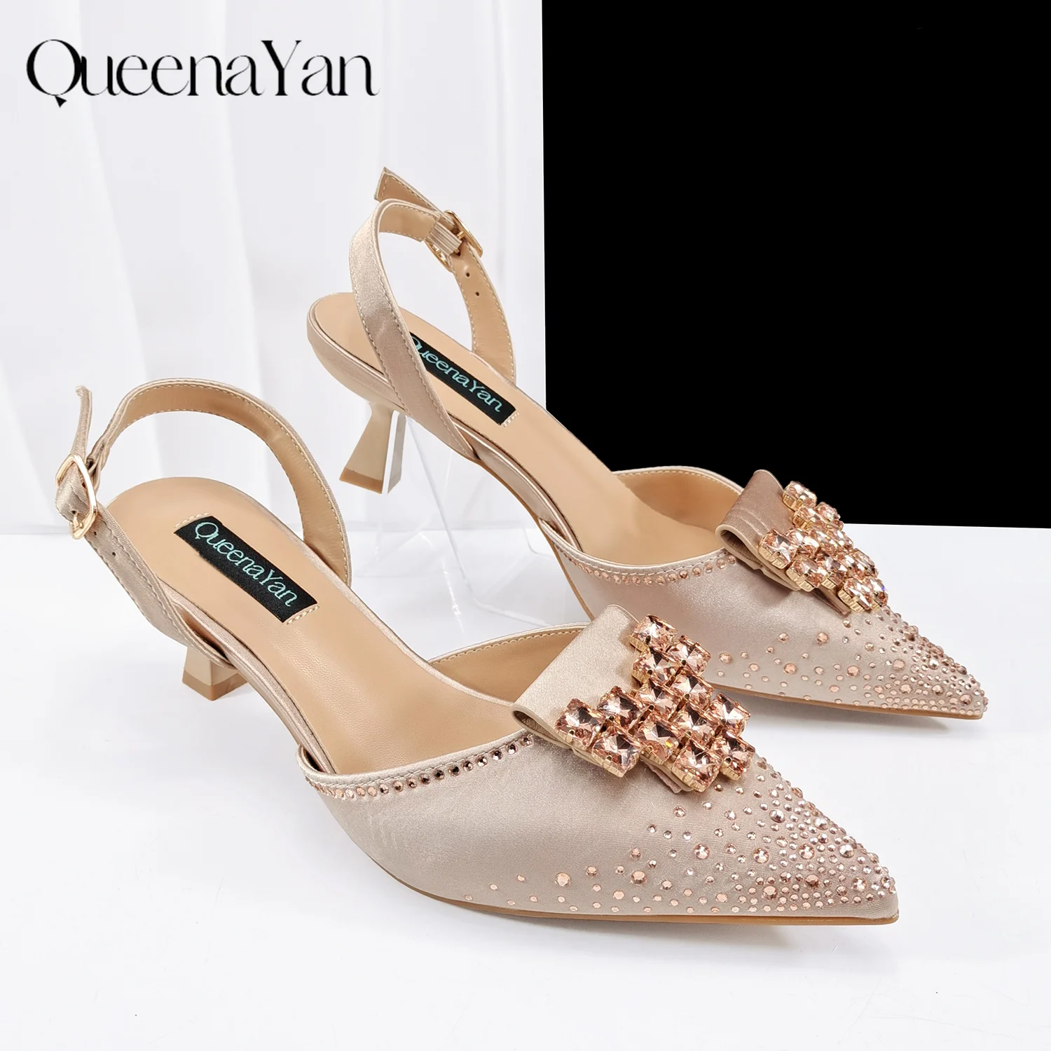 Queena Yan Elegant Party Ladies High Heels Exquisite Women Shoes Sparkling Diamonds Pointed-toe Design Commuting Shoes