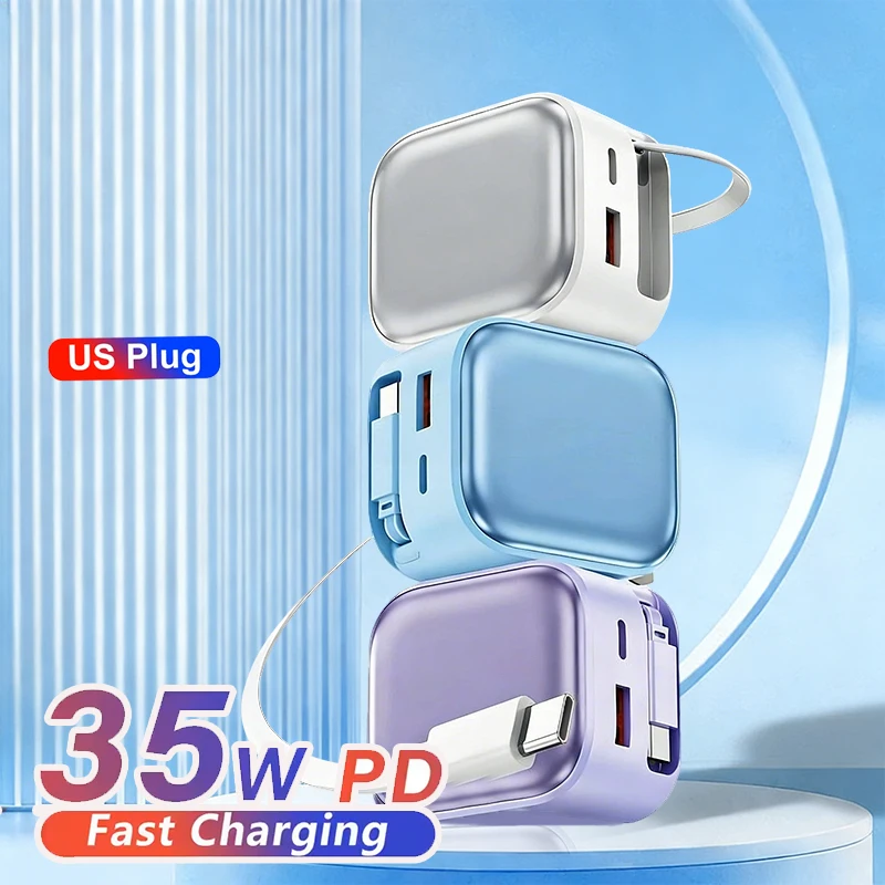 

Зарядное устройство GaN USB 35 Вт с выдвижным кабелем Type-C, 3 порта, быстрая зарядка PD PPS для Xiaomi 15T 14T 13T 12T 11T Pro