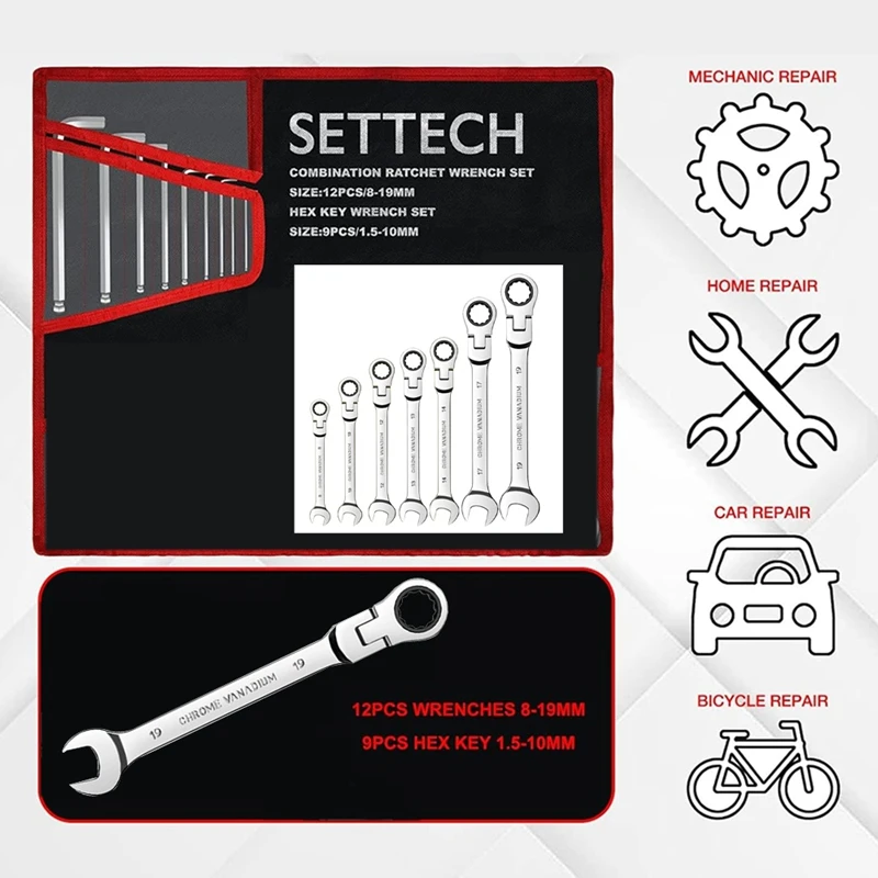 Conjunto de chave de catraca de 7 peças, combinação métrica padrão, conjunto de chaves de catraca para reparo de carro e reparo doméstico