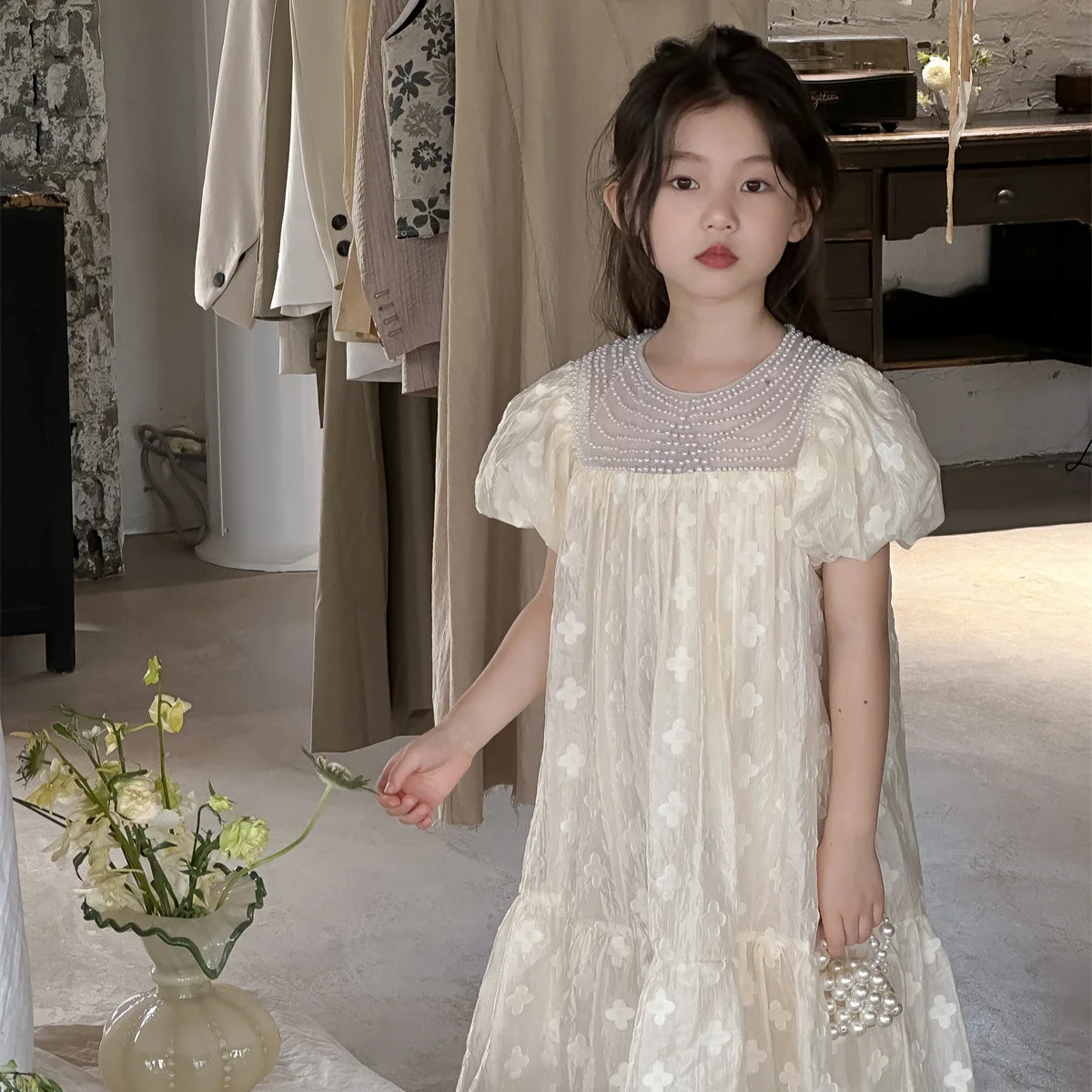 

Girls Dress Korea Style 2024 Summer New Solid Color Princesses Dress Petal Sleeve Pearl Baby Fashion Kids Summer Clothes