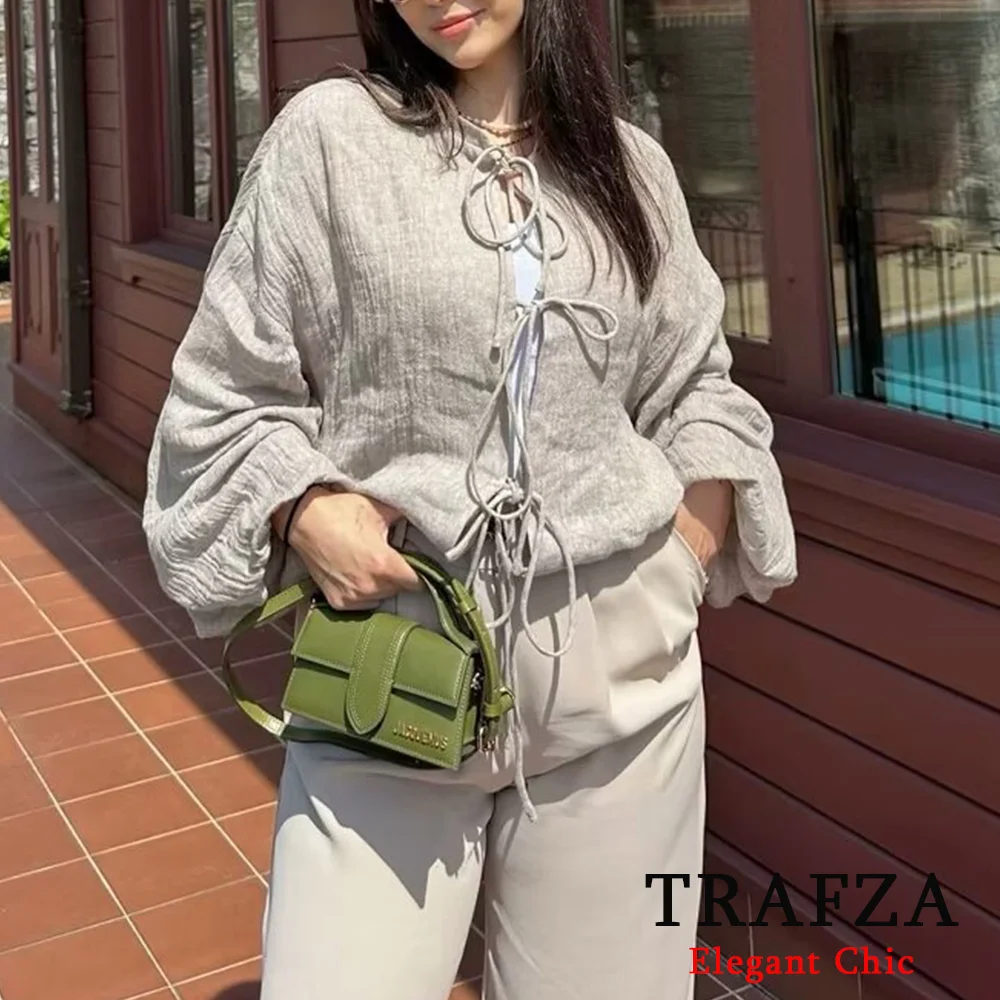 TRAFZA Casual Chic Women Short Jacket Fashion 2024 Spring Autumn Bow Tie Long Sleeve O-neck Jacket New Chinese Commuter Coat