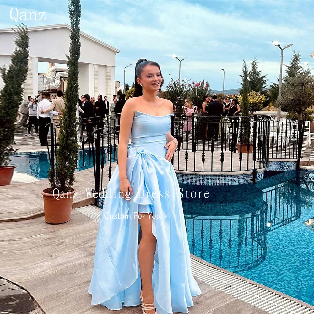 

Qanz Beach Sky Blue Evening Dresses High Slit Strapless Wedding Guest Dresses Classy Long Formal Party Gowns Women Customized