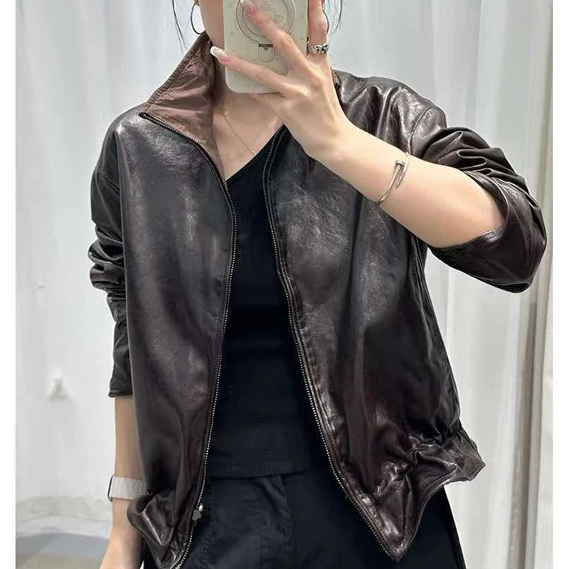 Real Leather Jacket Women Autumn Winter Trend Lapel Zipper Drawstring Moto Biker Short Reversible Sheepskin Coat Chaqueta Mujer