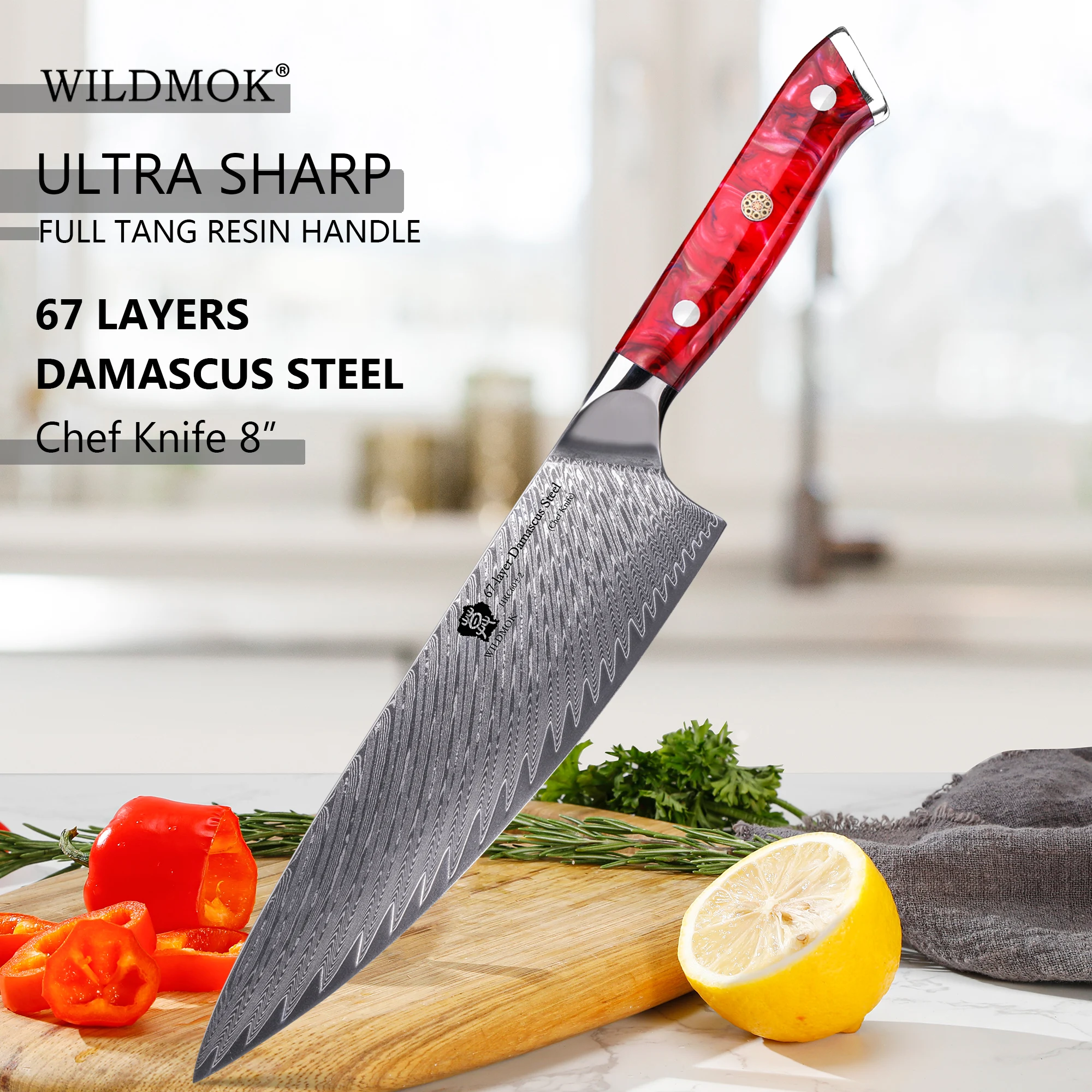 WILDMOK 8 Inch Damascus VG10 Chef Knife Resin Handle Professional Gyuto Knife High Hardness Cutting Tool for Kitchen Food Prep