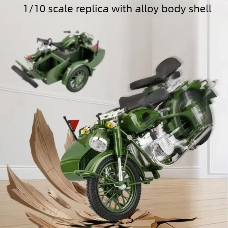 1/10 Alloy Retro Side-Car Motorcycle Model Diecast Classic Military Tricycle Motorcycle Model For Enthusiasts Collection Gifts