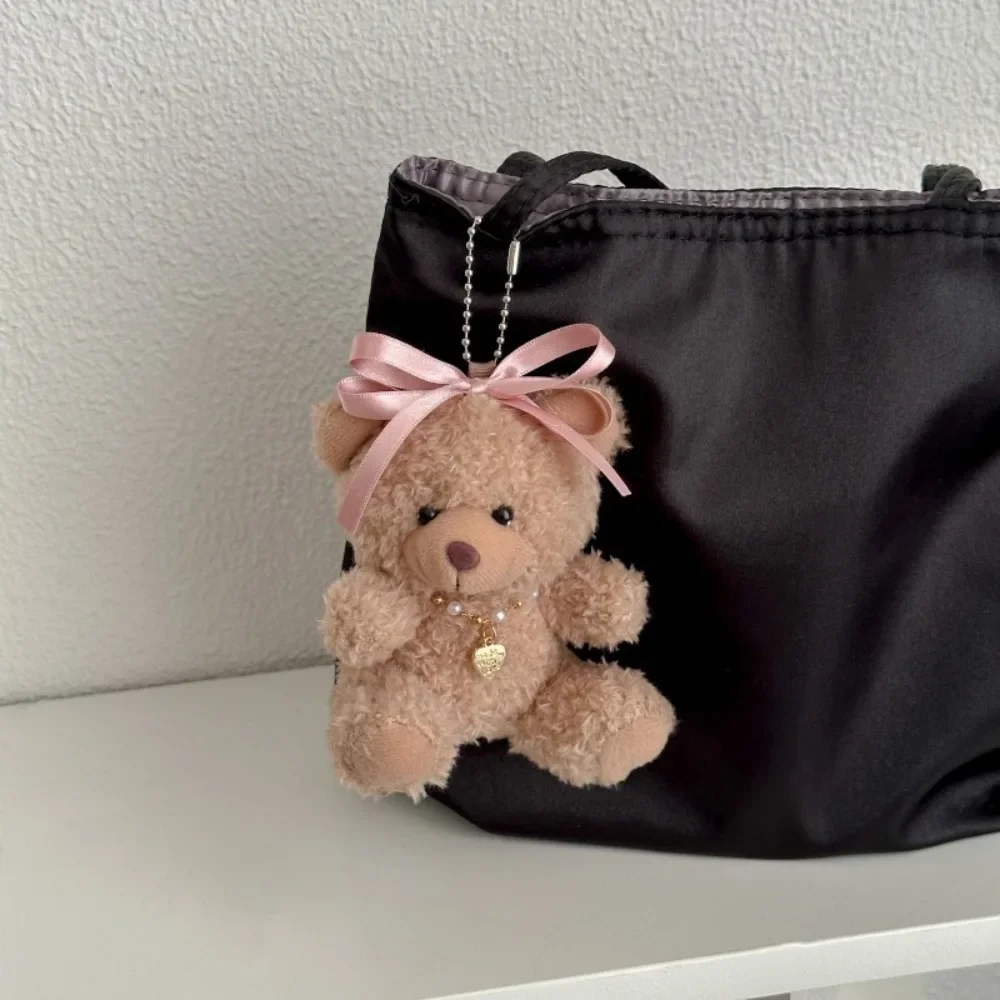 Brown Plush Bear Keychain Plush Doll Sweet Bow Bear Phone Back Clip Handmade Creative Fluff Stuffed Animal Key Rings Bag Pendant