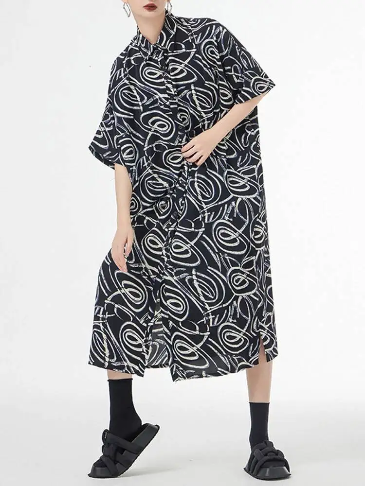 Women Black Pattern Printed Big Size Midi Shirt Dress New Lapel Short Sleeve Fashion Tide Spring Summer