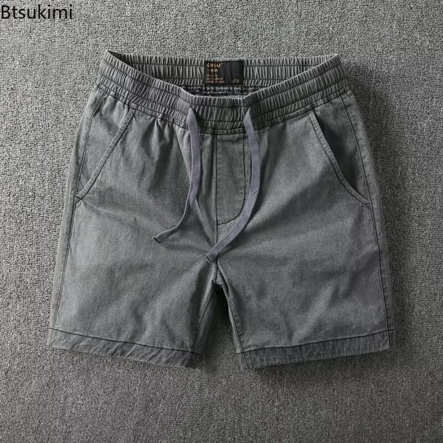 Summer Stretch Men's Casual Shorts Trendy Pure Cotton Solid Color Retro Workwear Five Quarter Pant Versatile Outerwear Mid Pants