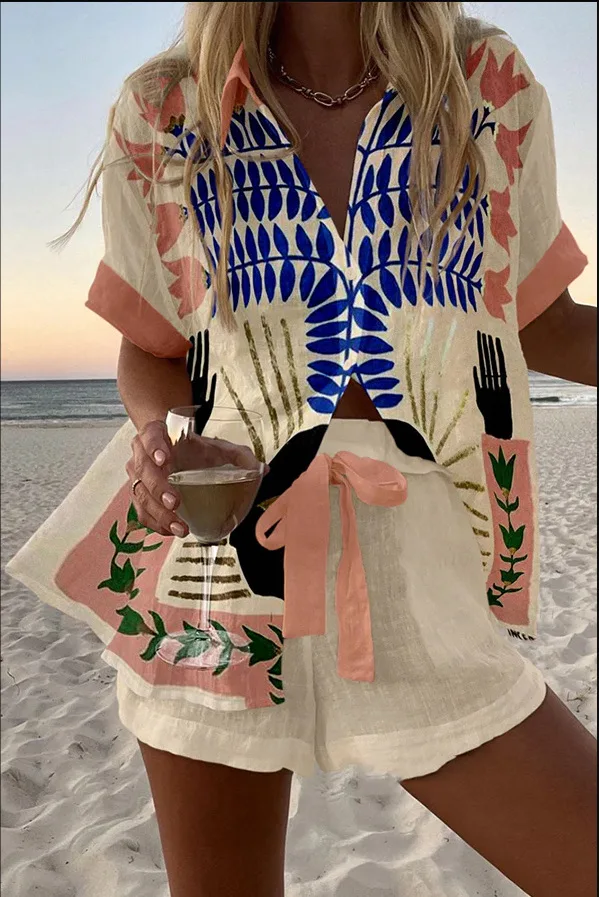 Summer New Print Beach Holiday Set For Women Fashion Short Sleeve Buttoned Shirt Wide Legs Shorts Oversized Two Piece Set