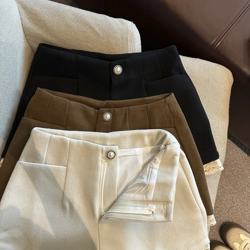 النساء الحلو الدانتيل السراويل الخريف الشتاء عالية الخصر شيك زر عارضة السراويل الإناث المرقعة الصلبة بسيطة مكتب سيدة ضئيلة السراويل