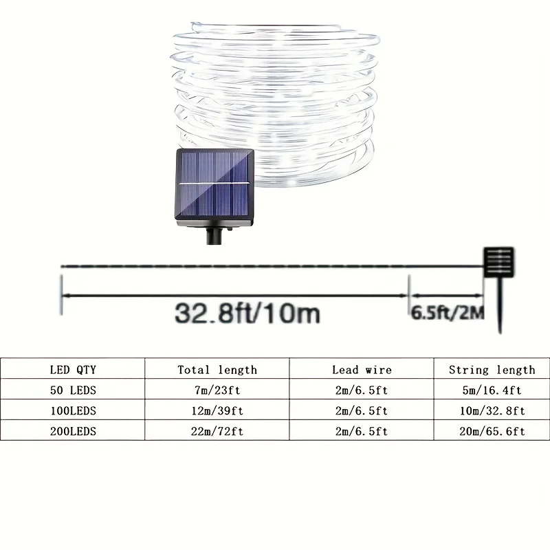 Imagem -02 - Solar Outdoor Rope Light Tubo Alimentado Grande Controle Remoto Timer String Lights Modos Rolo 100leds 200leds