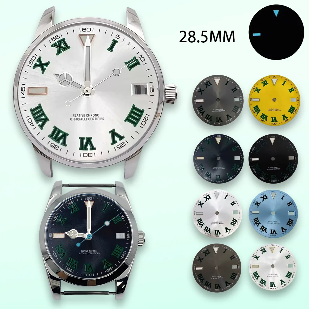 28.5mm S Dial Watch modification Roman numerals Ice Blue Luminous Fit NH35 Movement Sunburst Dial men's Watch Watch case