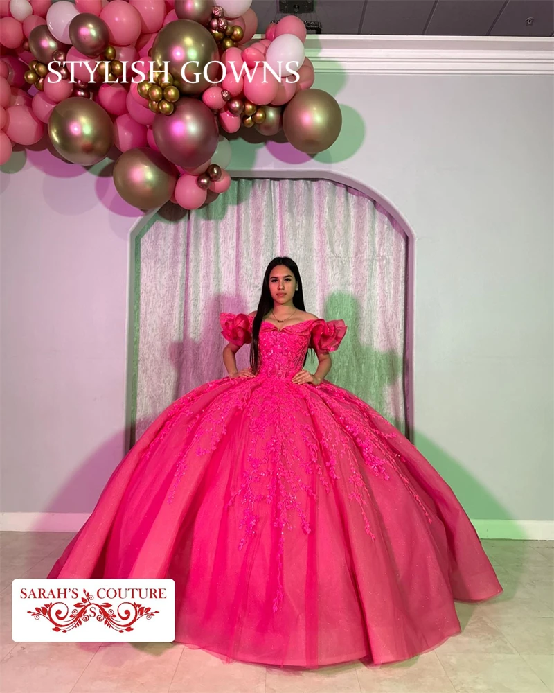 

Мексиканское розовое милое платье Quinceanera, бальное платье принцессы с аппликацией для милой вечеринки на день рождения с 16 оборками, бальное платье