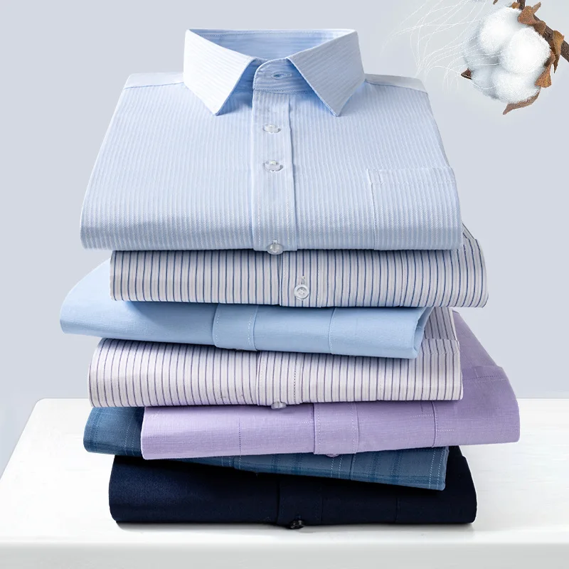

8XL Formal Office Wear 100 Cotton Long Sleeve Shirt for Men Business Casual Striped Work Shirt Men Long Sleeve White Black Blue
