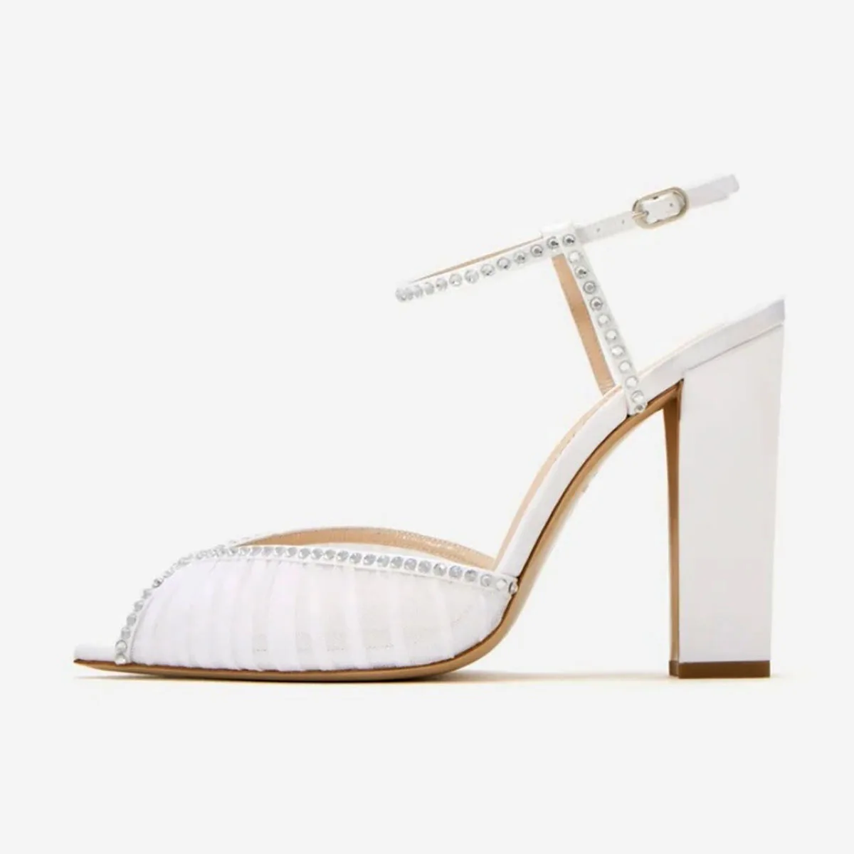 

Arden Furtado Summer white mesh Peep toe shoes Pointed toe Super high heel Crystal One word buckle sandals Wedding shoes