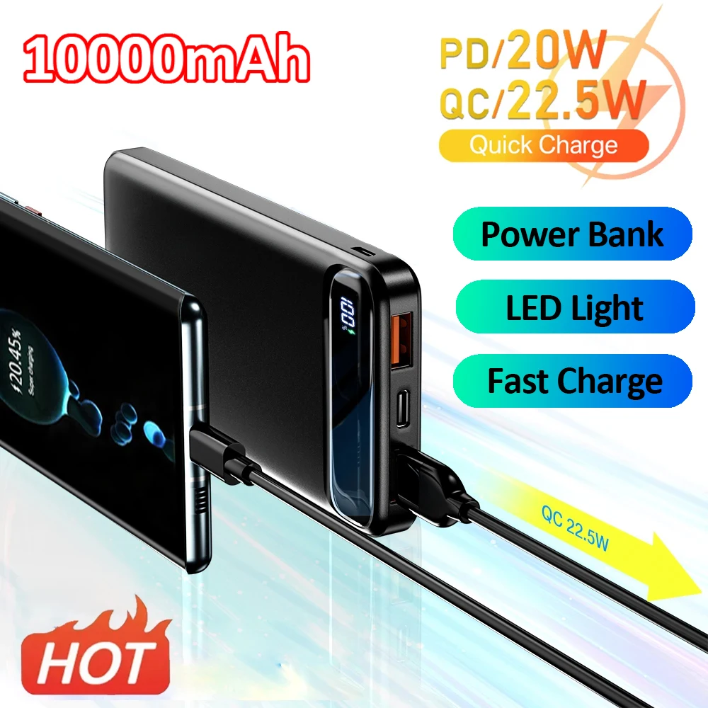 

Ranwomen 10000mAh Power Bank External Large Battery Capacity PD 20W Fast Charging Portable Charger LED For Samsung iPhone Xiaomi