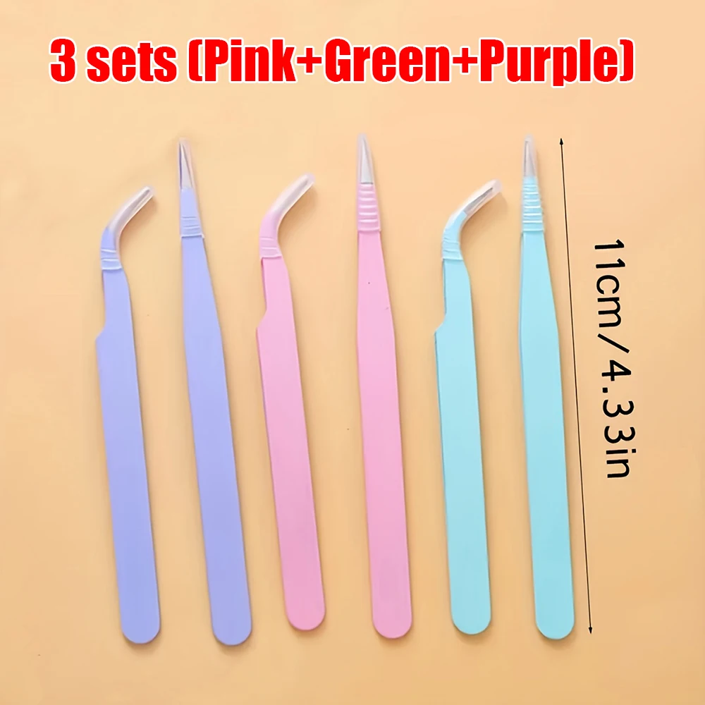 3 sets (Pink+Green+Purple) 3 Color Stainless Steel Straight Curved Tweezers Picking Tool diamond painting Home decoration tools
