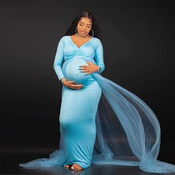 Pregnant Women Dresses for Photography Long Sleeved V neck Floor Train Mesh Robe Grossesse Shooting photo For Baby Shower Gown