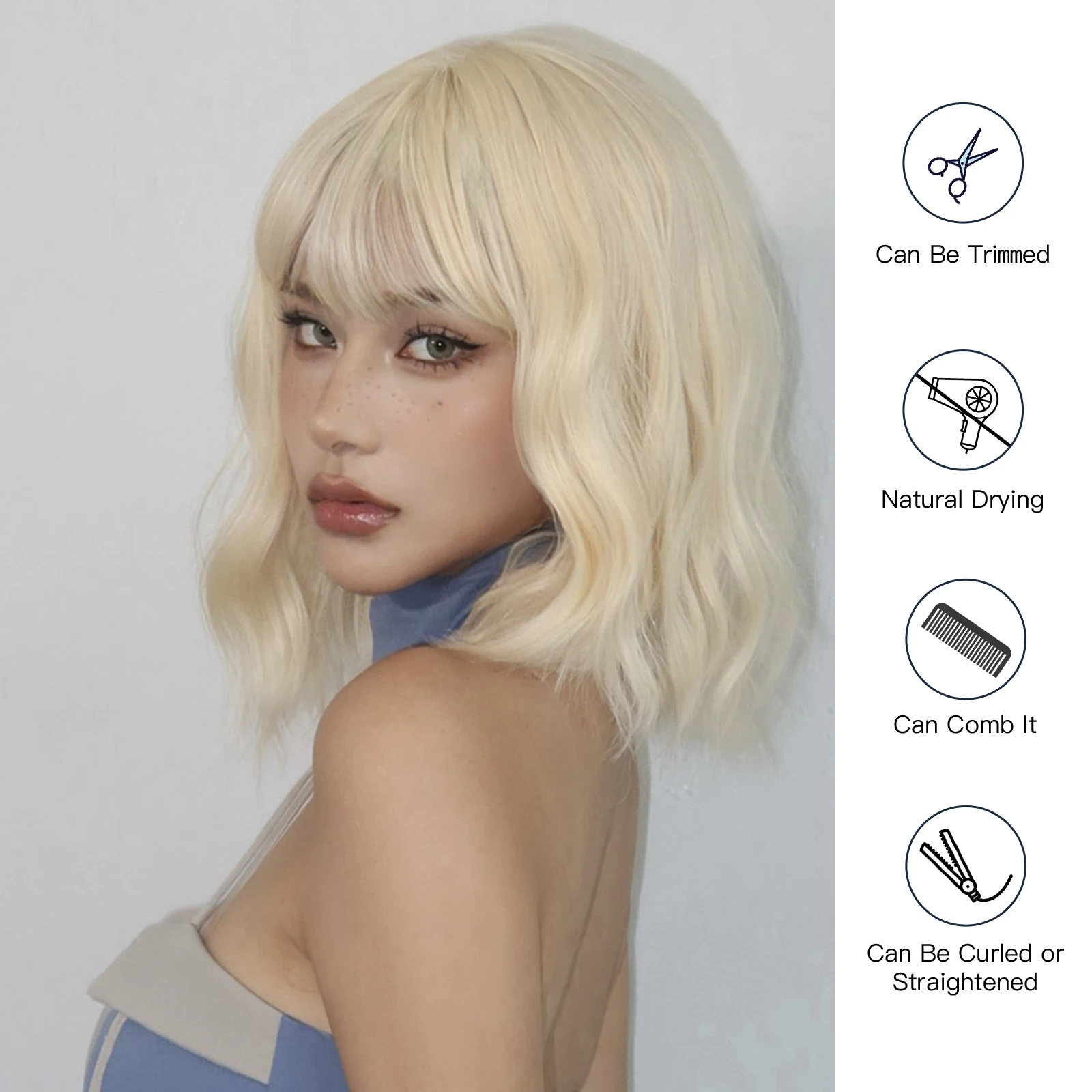 GEMMA Short Wavy Rice Blonde Wig with Bangs Synthetic Cosplay Wig for White Women Party Daily Lolita Fake Hair Heat Resistant