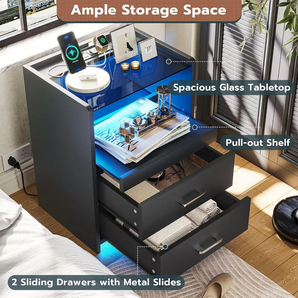 充電ステーションとLEDライト付きナイトスタンド、ガラス天板と収納引き出し付きブラックナイトスタンド、プル付きエンドサイドテーブル