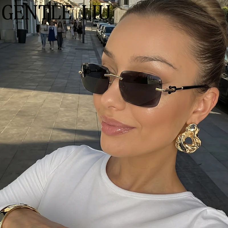 

Retro Rimless Rectangle Sunglasses Women 2026 Luxury Brand Design Vintage Small Frame Sun Glasses Frameless UV400 Shade Eyewear