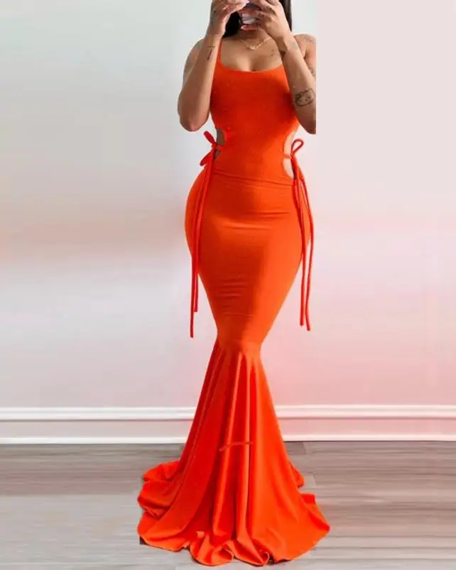 

Temperament Orange Round Neck Sleeveless Camisole Long Dress Sexy with Lace Up Details Hollowed Out Waist Cinching Mermaid Dress