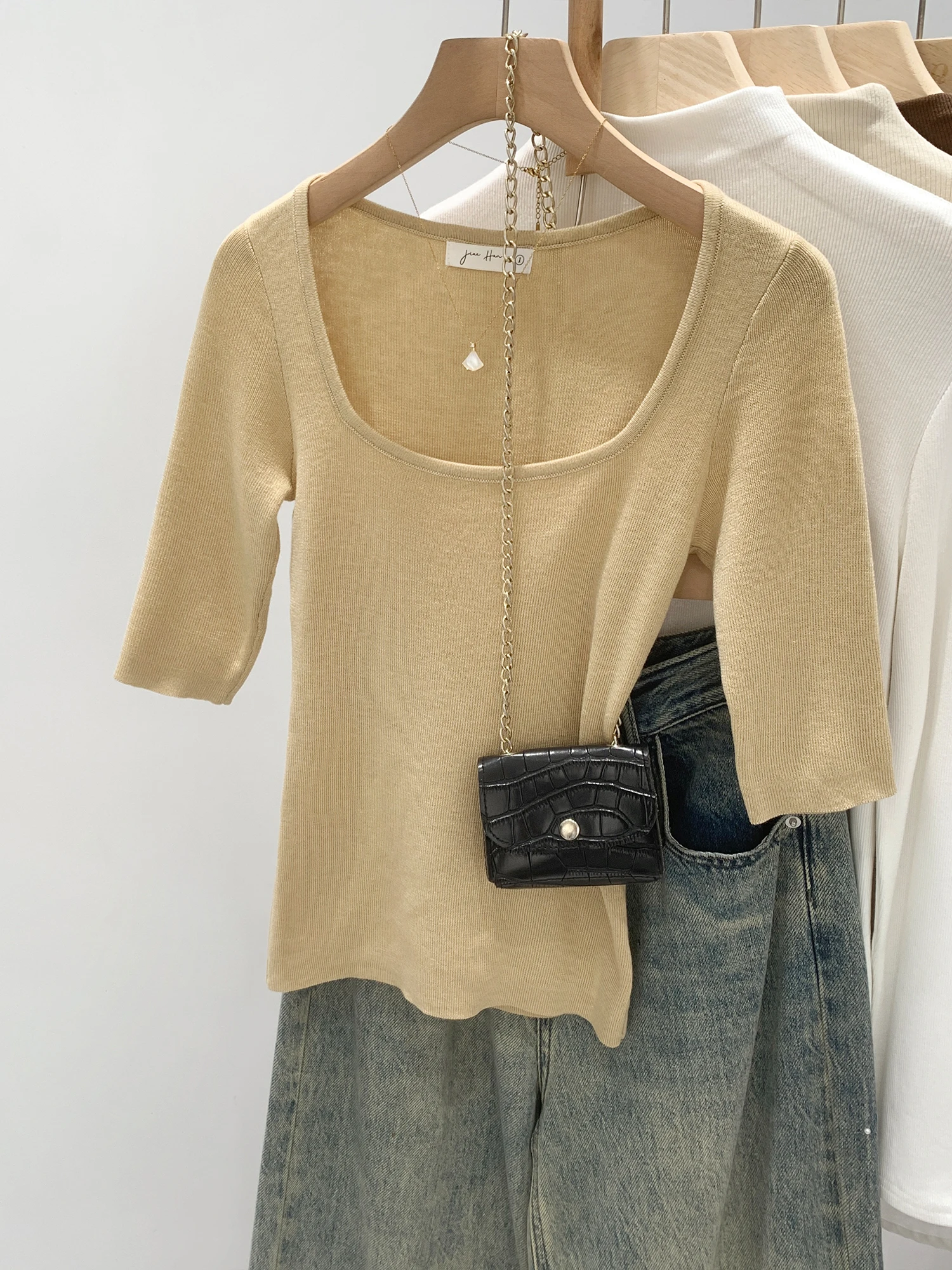 Slim Fit Knitted Square Collar Five Sleeve T Shirt Women Summer New Style Casual Fashion High Necklines Top Quality Polyester