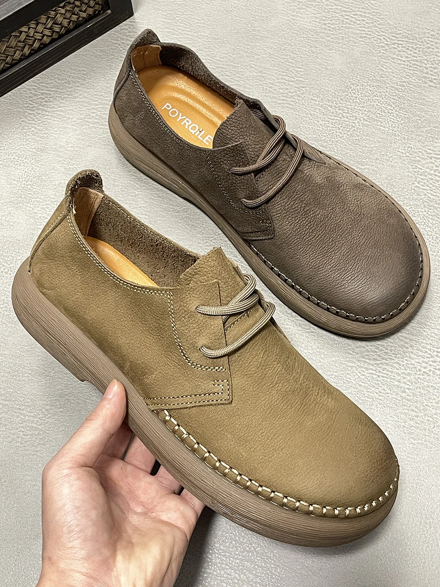 

Leather Men's oes Comfortable Wide Foot Workwear Casual Soft Bot Anti-slip Lace-up Big Head Leather oes Faionable Su...